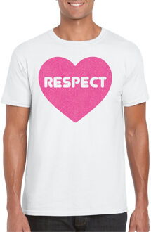 Bellatio Decorations Gay Pride T-shirt voor heren - respect - wit - roze glitter hart - LHBTI 2XL