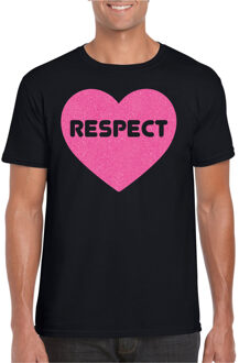 Bellatio Decorations Gay Pride T-shirt voor heren - respect - zwart - roze glitter hart - LHBTI 2XL