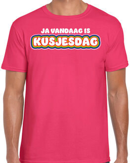 Bellatio Decorations Gay Pride T-shirt voor heren - roze - kusjesdag - regenboog - LHBTI 2XL