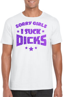 Bellatio Decorations Gay Pride T-shirt voor heren - sorry girls i suck dicks - wit - glitter paars - LHBTI