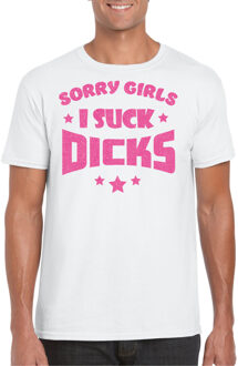 Bellatio Decorations Gay Pride T-shirt voor heren - sorry girls i suck dicks - wit - glitter roze - LHBTI XL