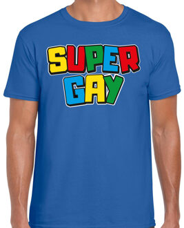 Bellatio Decorations Gay Pride T-shirt voor heren - super gay - blauw - pride - regenboog - LHBTI 2XL