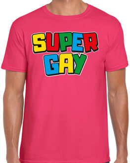 Bellatio Decorations Gay Pride T-shirt voor heren - super gay - fuchsia - pride - regenboog - LHBTI 2XL