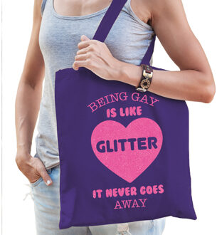 Bellatio Decorations Gay Pride tas dames - being gay is like glitter - paars - katoen - 42 x 38 cm