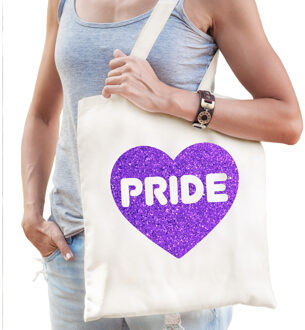 Bellatio Decorations Gay Pride tas dames - wit - katoen - 42 x 38 cm - paars glitter hart - LHBTI