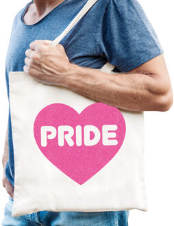 Bellatio Decorations Gay Pride tas heren - wit - katoen - 42 x 38 cm - roze glitter hart - LHBTI