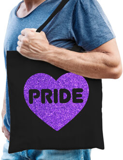 Bellatio Decorations Gay Pride tas heren - zwart - katoen - 42 x 38 cm - paars glitter hart - LHBTI