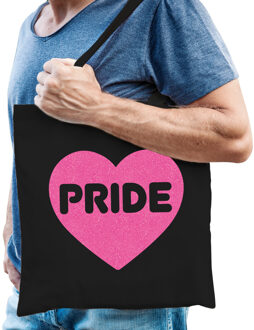 Bellatio Decorations Gay Pride tas heren - zwart - katoen - 42 x 38 cm - roze glitter hart - LHBTI