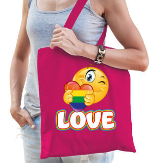 Bellatio Decorations Gay Pride tas - katoen - 42 x 38 cm - fuchsia roze - LHBTI - love - Feest Boodschappentassen