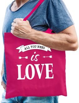 Bellatio Decorations Gay Pride tas - katoen - 42 x 38 cm - fuchsia roze - LHBTI - love - Feest Boodschappentassen