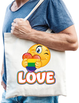 Bellatio Decorations Gay Pride tas - katoen - 42 x 38 cm - naturel - LHBTI - love emoji
