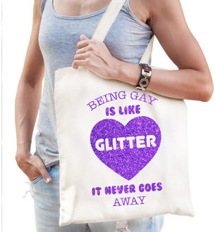 Bellatio Decorations Gay Pride tas voor dames - being gay is like glitter - wit - katoen - 42 x 38 cm