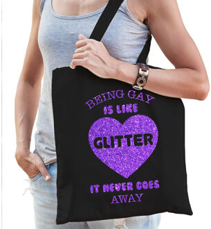 Bellatio Decorations Gay Pride tas voor dames - being gay is like glitter - zwart - katoen - 42 x 38 cm