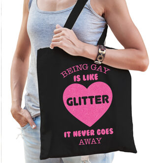 Bellatio Decorations Gay Pride tas voor dames - being gay is like glitter - zwart - katoen - 42 x 38 cm