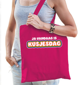 Bellatio Decorations Gay Pride tas voor dames - kusjesdag - fuchsia roze - katoen - 42x38 cm - LHBTI