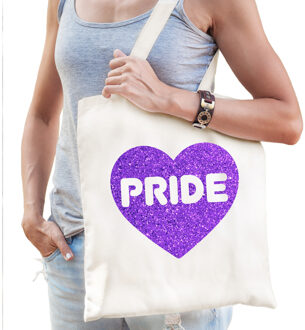 Bellatio Decorations Gay Pride tas voor dames - wit - katoen - 42 x 38 cm - paars glitter hart - LHBTI