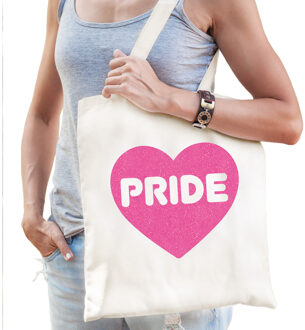 Bellatio Decorations Gay Pride tas voor dames - wit - katoen - 42 x 38 cm - roze glitter hart - LHBTI