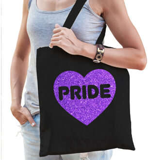 Bellatio Decorations Gay Pride tas voor dames - zwart - katoen - 42 x 38 cm - paars glitter hart - LHBTI