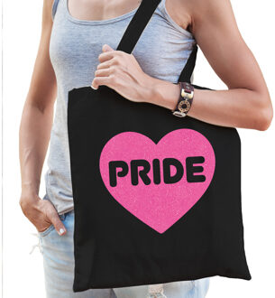Bellatio Decorations Gay Pride tas voor dames - zwart - katoen - 42 x 38 cm - roze glitter hart - LHBTI