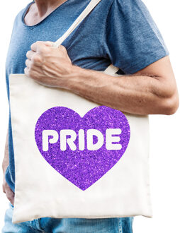 Bellatio Decorations Gay Pride tas voor heren - wit - katoen - 42 x 38 cm - paars glitter hart - LHBTI