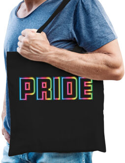 Bellatio Decorations Gay Pride tekst tas - PRIDE - katoen - 42 x 38 cm - zwart - LHBTI - Feest Boodschappentassen