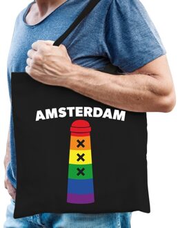 Bellatio Decorations Gaypride Amsterdammertje regenboog katoenen tas zwart -  lhbt accessoire