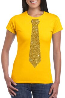 Bellatio Decorations Geel fun t-shirt met stropdas in glitter goud dames 2XL