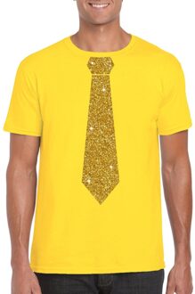Bellatio Decorations Geel fun t-shirt met stropdas in glitter goud heren