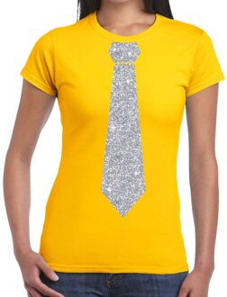 Bellatio Decorations Geel fun t-shirt met stropdas in glitter zilver dames 2XL