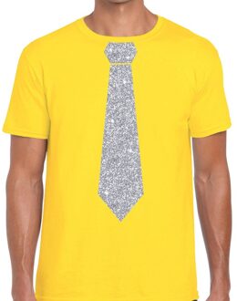 Bellatio Decorations Geel fun t-shirt met stropdas in glitter zilver heren