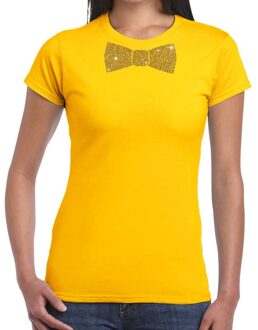 Bellatio Decorations Geel fun t-shirt met vlinderdas in glitter goud dames L