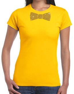 Bellatio Decorations Geel fun t-shirt met vlinderdas in glitter goud dames