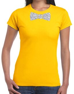 Bellatio Decorations Geel fun t-shirt met vlinderdas in glitter zilver dames L