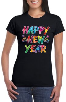 Bellatio Decorations Gekleurde happy new year t-shirt zwart voor dames L - Feestshirts