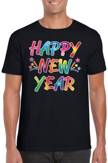 Bellatio Decorations Gekleurde happy new year t-shirt zwart voor heren 2XL - Feestshirts