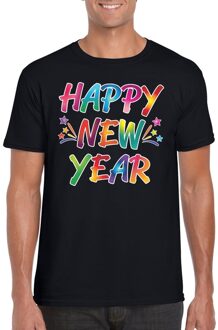 Bellatio Decorations Gekleurde happy new year t-shirt zwart voor heren M - Feestshirts