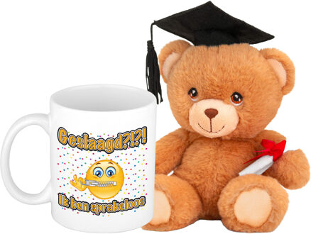 Bellatio Decorations Geslaagd cadeau mok / beker met knuffelbeer - sprakeloos - keramiek - Ca. 300ml
