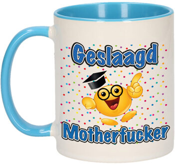 Bellatio Decorations Geslaagd cadeau mok - blauw - Geslaagd Motherfucker - Ca. 300 ml - feest mokken