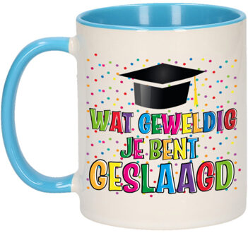 Bellatio Decorations Geslaagd cadeau mok - blauw - Geweldig Geslaagd - Ca. 300 ml - feest mokken