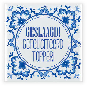Bellatio Decorations Geslaagd cadeau tegel - gefeliciteerd topper - delfts blauw - keramiek - 15 x 15 cm