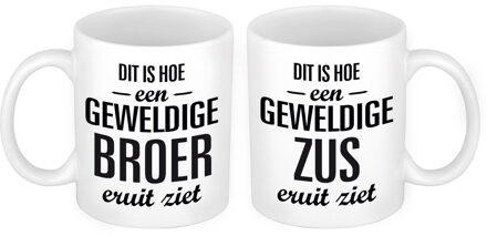 Bellatio Decorations Geweldige broer en zus mok - Cadeau beker set voor Broer en Zus