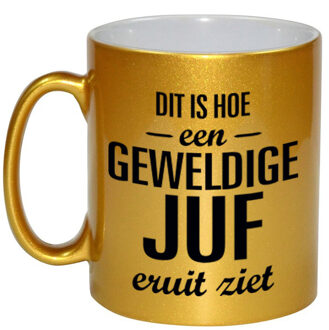 Bellatio Decorations Geweldige juf cadeau mok / beker goudglanzend 330 ml - feest mokken Goudkleurig