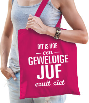 Bellatio Decorations Geweldige juf cadeau tas - roze - voor dames - witte letters - kado tas lerares