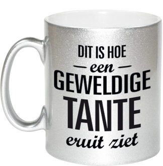 Bellatio Decorations Geweldige tante cadeau mok / beker zilverglanzend 330 ml - feest mokken Zilverkleurig