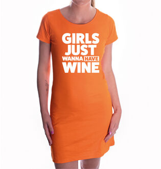 Bellatio Decorations Girls Just Wanna Have Wine tekst jurkje oranje dames - oranje kleding - Koningsdag / oranje supporter L