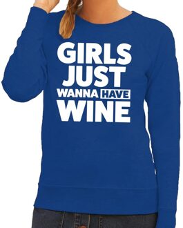 Bellatio Decorations Girls just wanna have Wine tekst sweater blauw voor dames 2XL