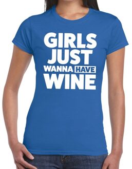 Bellatio Decorations Girls just wanna have Wine tekst t-shirt blauw dames
