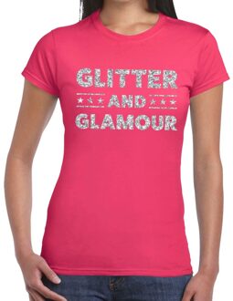 Bellatio Decorations Glitter and Glamour Feestkleding T-shirt - Roze - zilver glitters letters - voor dames - Kleding