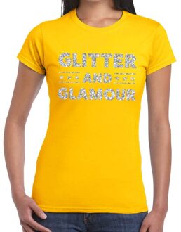 Bellatio Decorations Glitter and Glamour zilver glitter tekst t-shirt geel dames XS