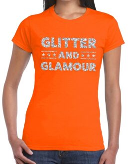 Bellatio Decorations Glitter and Glamour zilver glitter tekst t-shirt oranje dames L